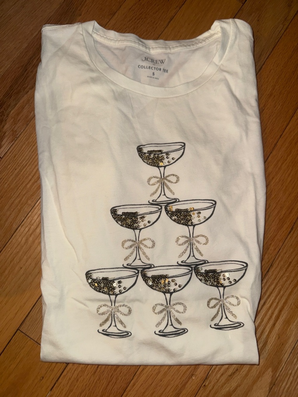 J. Crew White Sequin Champagne Glass Pyramid Tee